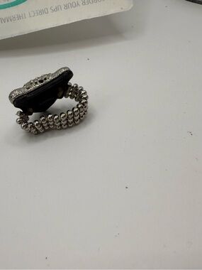 Silver Beaded Stretch Ring with Black Stone Accent